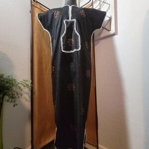 Black and Brown Boho Cotton Floral Caftan Dress with White Stitching One Size